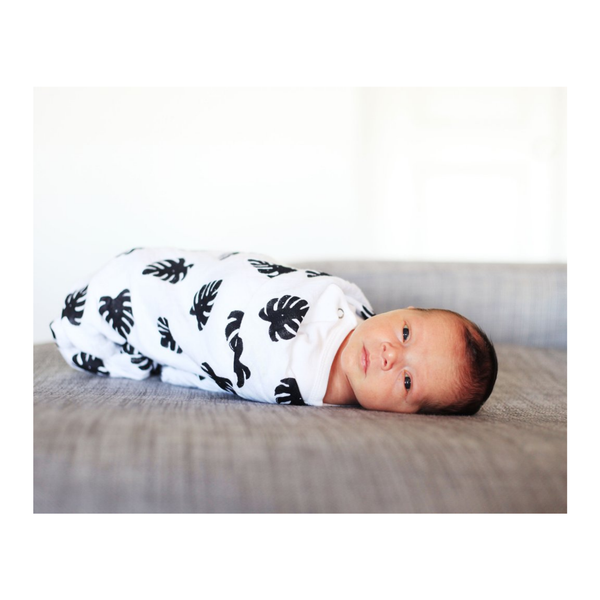 Organic Cotton Muslin Swaddle in Tropical Palm Leaves