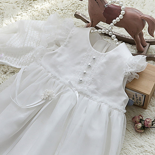 Iris White Long Christening Dress Set (dress + bonnet + bloomers)
