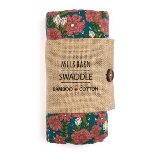 Bamboo + Cotton Muslin Swaddle in Teal Floral